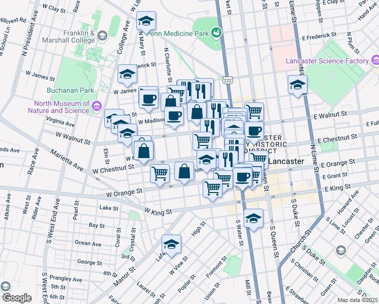 map of restaurants, bars, coffee shops, grocery stores, and more near 212 North Concord Street in Lancaster