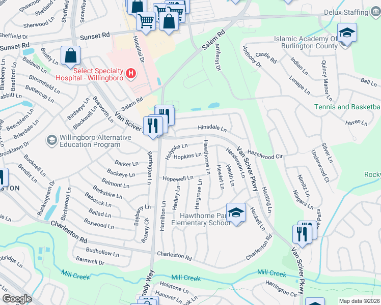 map of restaurants, bars, coffee shops, grocery stores, and more near 25 Hopkins Lane in Willingboro