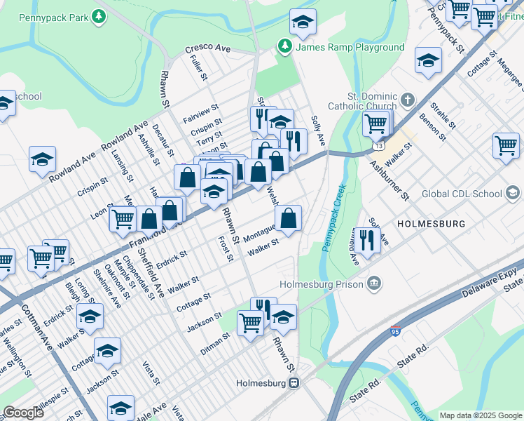 map of restaurants, bars, coffee shops, grocery stores, and more near 8056 Erdrick Street in Philadelphia