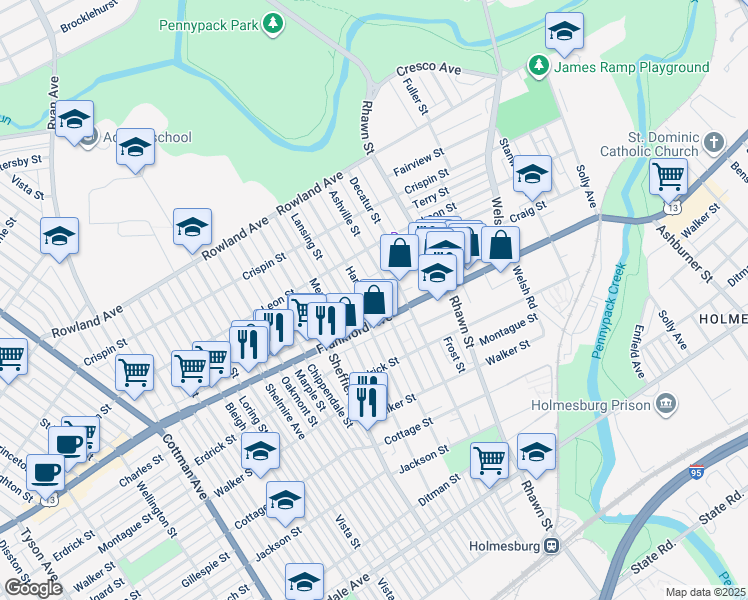 map of restaurants, bars, coffee shops, grocery stores, and more near 3611 Hartel Avenue in Philadelphia