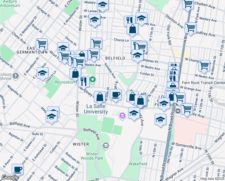 map of restaurants, bars, coffee shops, grocery stores, and more near 1925 West Chew Avenue in Philadelphia