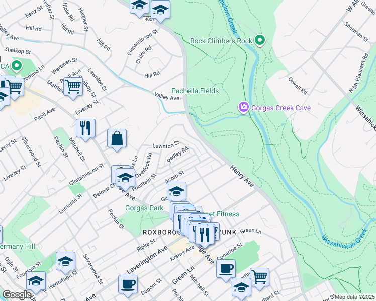 map of restaurants, bars, coffee shops, grocery stores, and more near 593 Pedley Road in Philadelphia