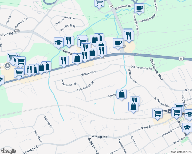 map of restaurants, bars, coffee shops, grocery stores, and more near 29 Fahnestock Road in Malvern