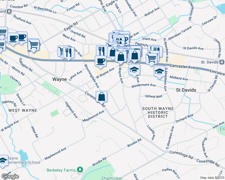 map of restaurants, bars, coffee shops, grocery stores, and more near 116 Runnymede Avenue in Wayne