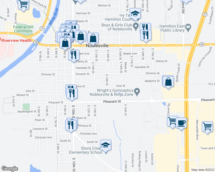 map of restaurants, bars, coffee shops, grocery stores, and more near 1315 Vine Street in Noblesville