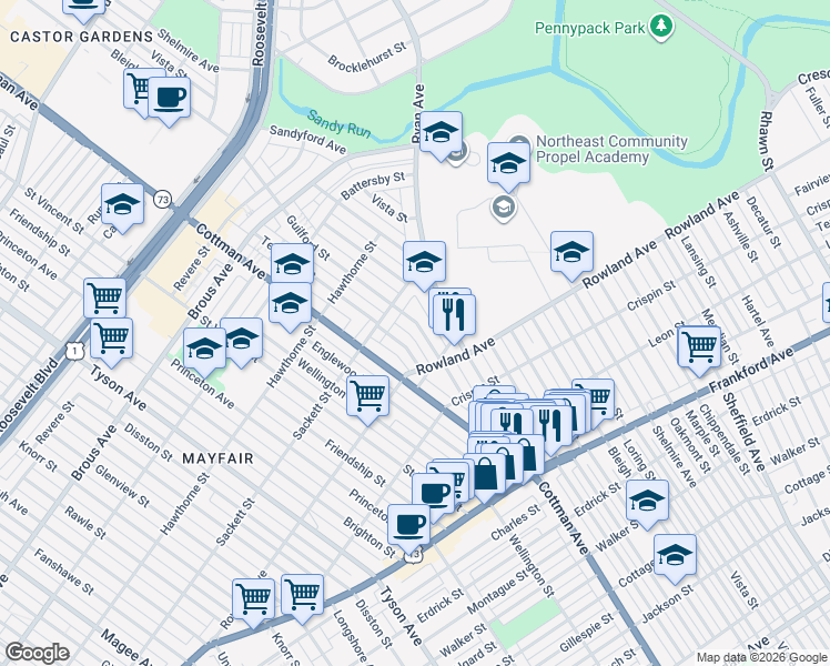 map of restaurants, bars, coffee shops, grocery stores, and more near 3235 Guilford Street in Philadelphia