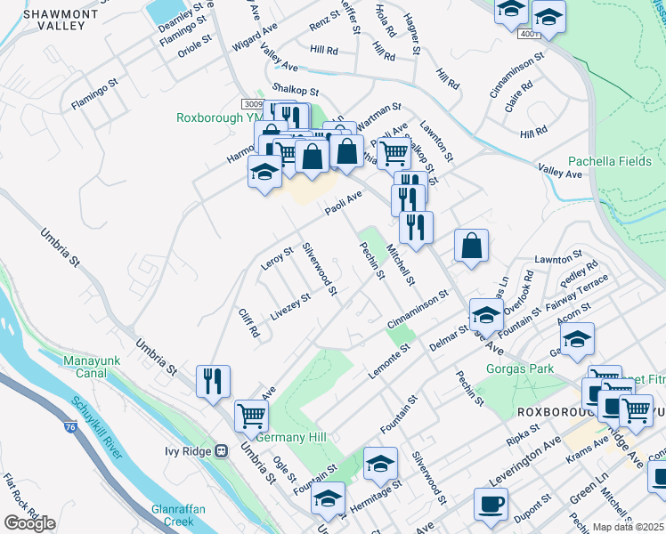 map of restaurants, bars, coffee shops, grocery stores, and more near 406 Livezey Street in Philadelphia