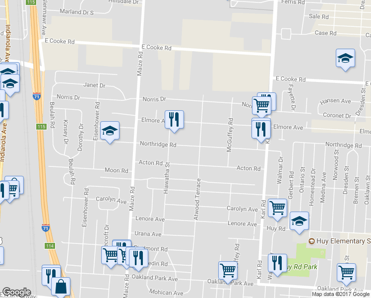 map of restaurants, bars, coffee shops, grocery stores, and more near 1161 Northridge Road in Columbus