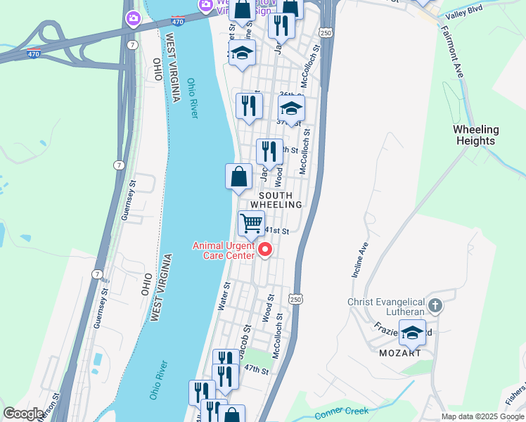 map of restaurants, bars, coffee shops, grocery stores, and more near 4016 Jacob Street in Wheeling