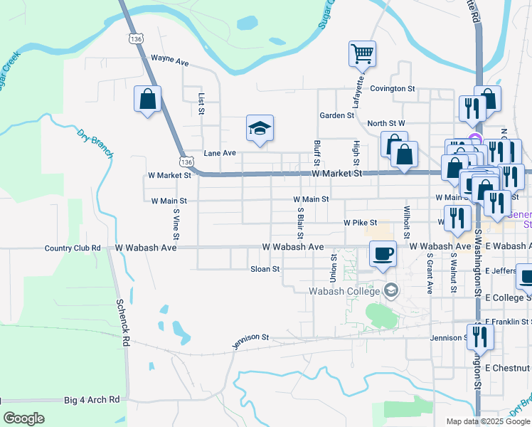map of restaurants, bars, coffee shops, grocery stores, and more near 111 South West Street in Crawfordsville