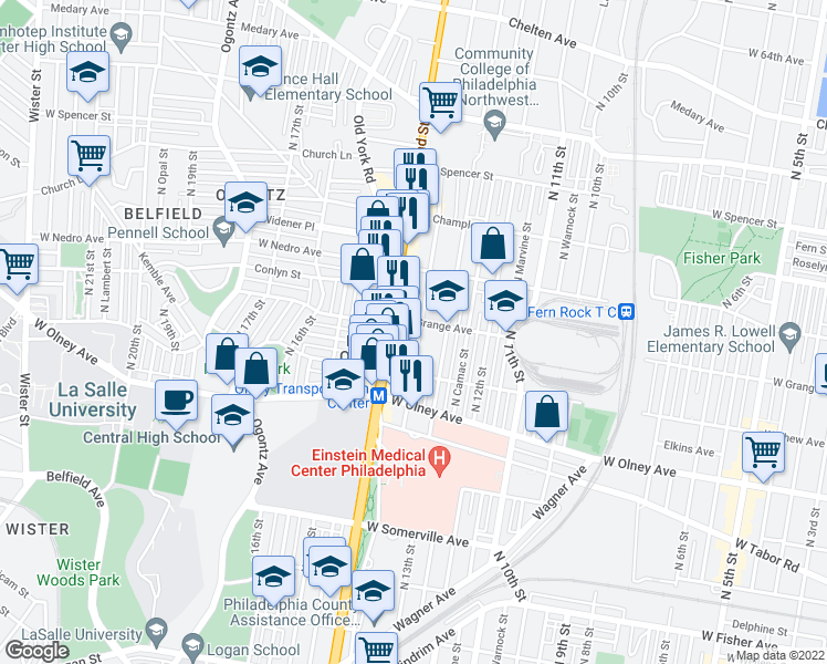 map of restaurants, bars, coffee shops, grocery stores, and more near 5744 North Park Avenue in Philadelphia