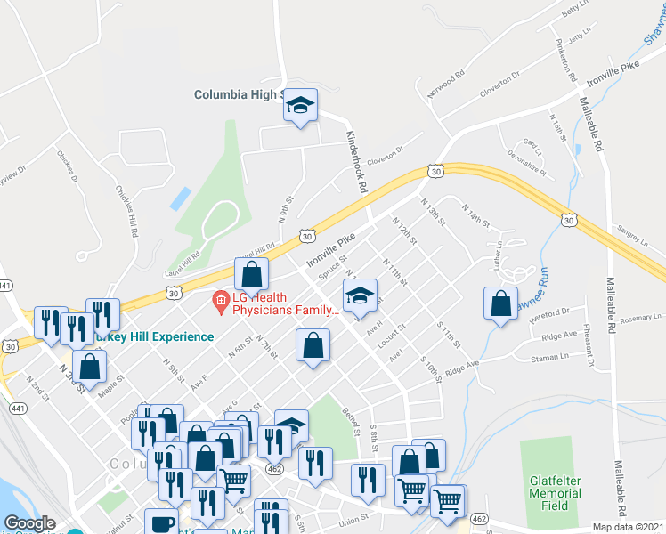 map of restaurants, bars, coffee shops, grocery stores, and more near 949 Spruce Street in Columbia