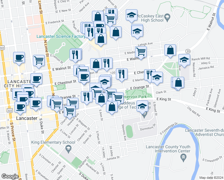 map of restaurants, bars, coffee shops, grocery stores, and more near 601 East Orange Street in Lancaster