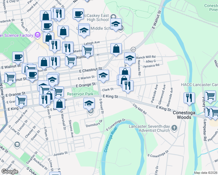 map of restaurants, bars, coffee shops, grocery stores, and more near 929 Clark Street in Lancaster