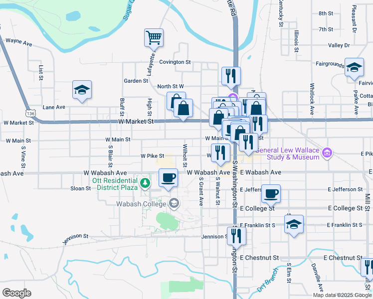 map of restaurants, bars, coffee shops, grocery stores, and more near 112 Wilhoit Street in Crawfordsville