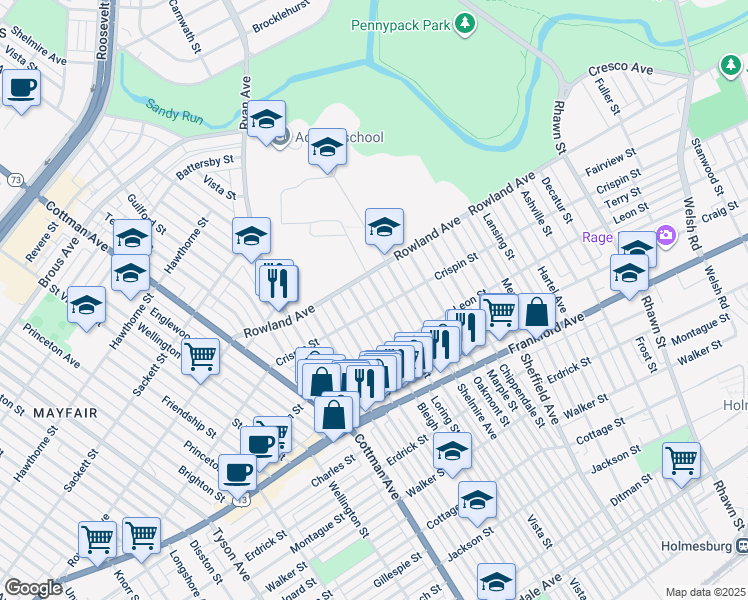 map of restaurants, bars, coffee shops, grocery stores, and more near 3328 Vista Street in Philadelphia
