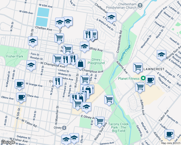 map of restaurants, bars, coffee shops, grocery stores, and more near 5952 Ella Street in Philadelphia