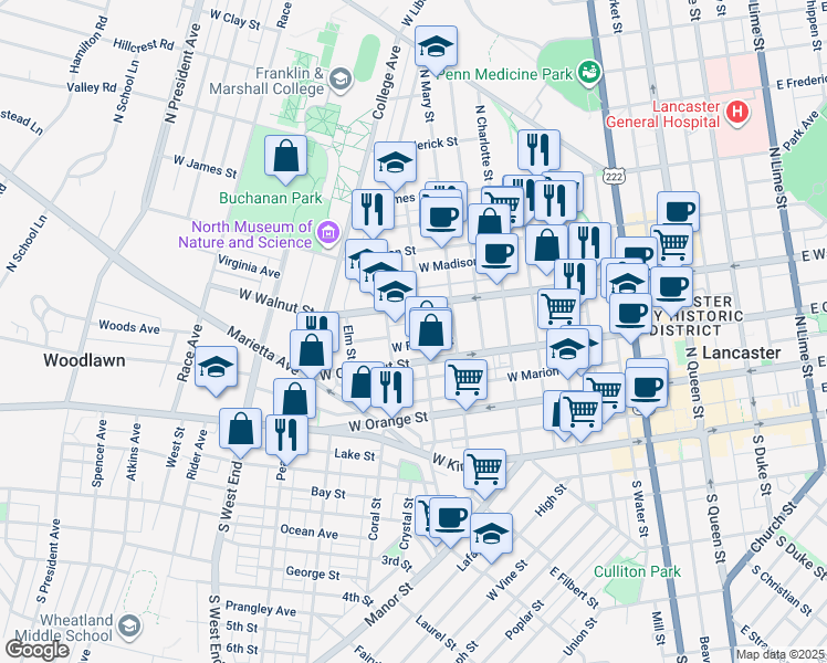 map of restaurants, bars, coffee shops, grocery stores, and more near 234 North Pine Street in Lancaster