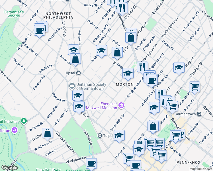 map of restaurants, bars, coffee shops, grocery stores, and more near 259 West Duval Street in Philadelphia