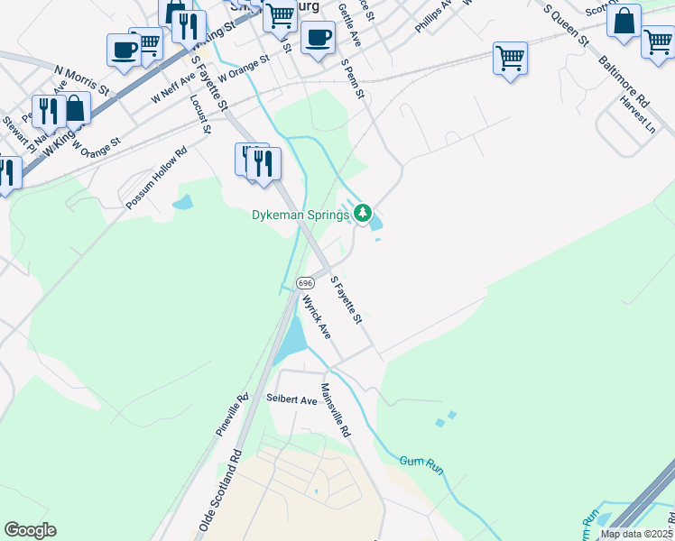 map of restaurants, bars, coffee shops, grocery stores, and more near 415 South Fayette Street in Shippensburg