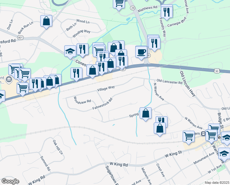 map of restaurants, bars, coffee shops, grocery stores, and more near 29 Fahnestock Road in Malvern