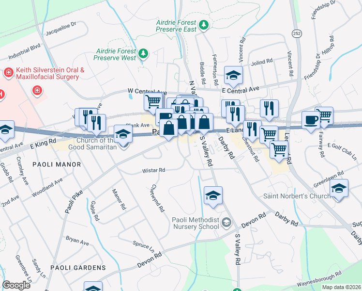 map of restaurants, bars, coffee shops, grocery stores, and more near 119 West Circular Avenue in Paoli