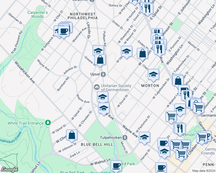 map of restaurants, bars, coffee shops, grocery stores, and more near 331 West Cliveden Street in Philadelphia