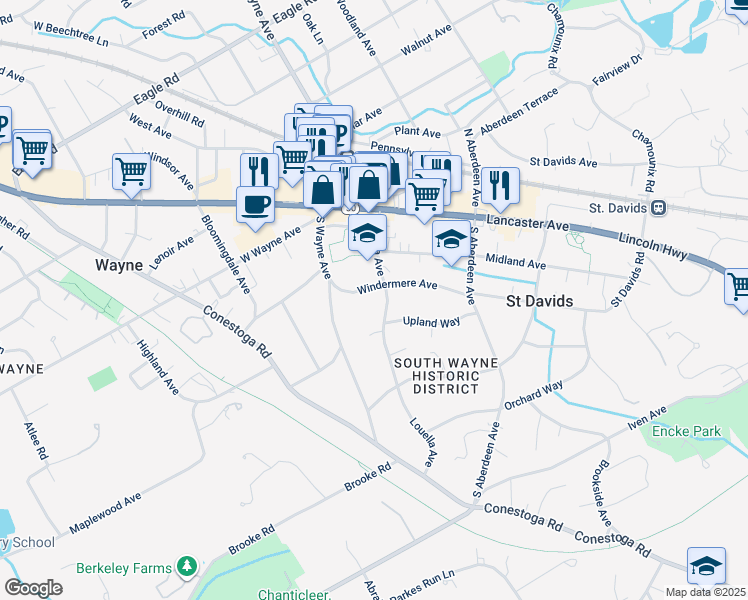 map of restaurants, bars, coffee shops, grocery stores, and more near 116 Windermere Avenue in Wayne