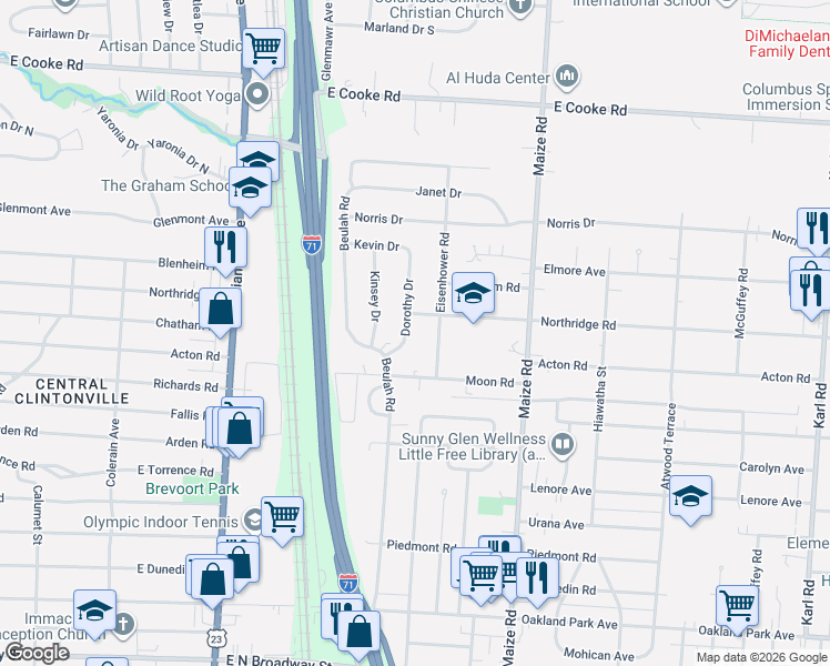 map of restaurants, bars, coffee shops, grocery stores, and more near 3722 Dorothy Drive in Columbus