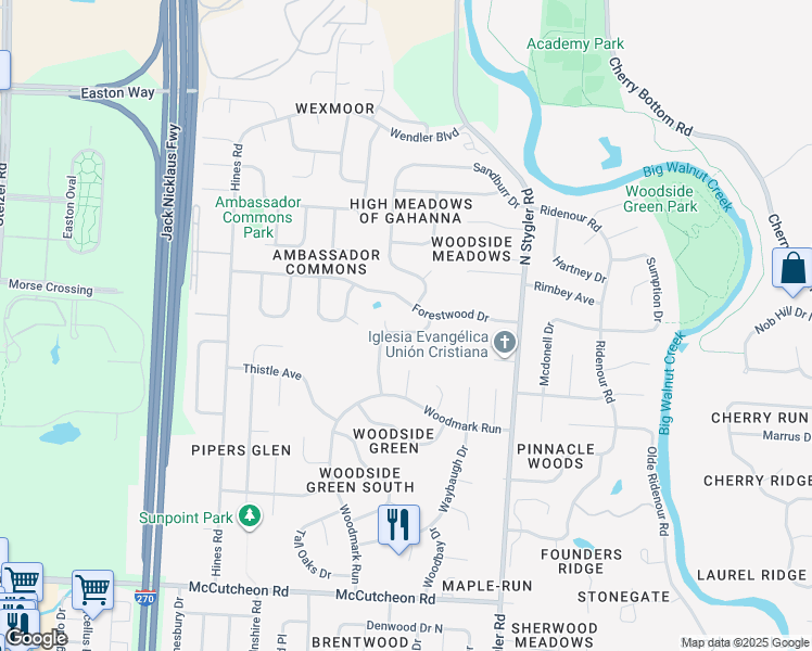 map of restaurants, bars, coffee shops, grocery stores, and more near 825 Lindenhaven Road in Gahanna
