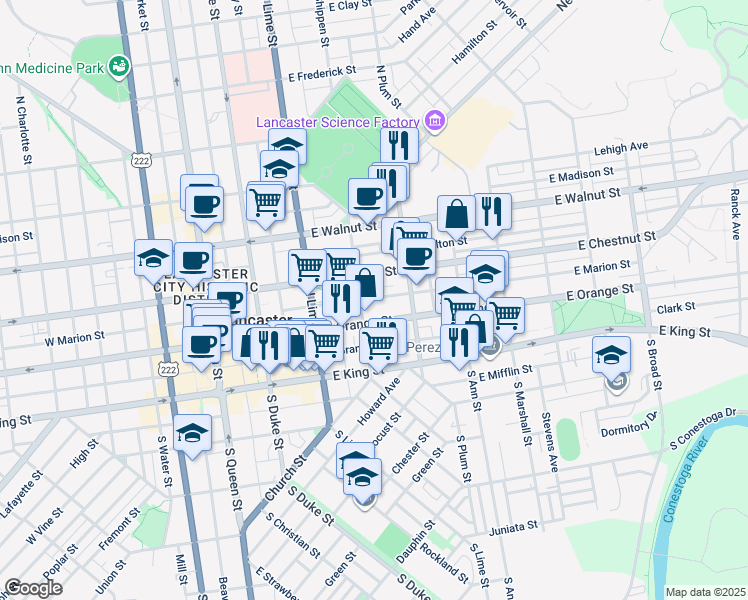 map of restaurants, bars, coffee shops, grocery stores, and more near 316 East Marion Street in Lancaster
