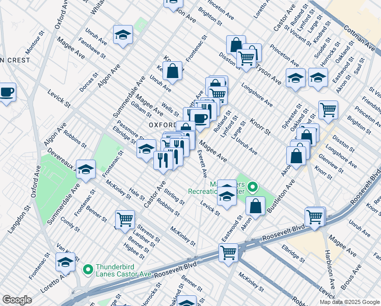 map of restaurants, bars, coffee shops, grocery stores, and more near 6515 Castor Avenue in Philadelphia