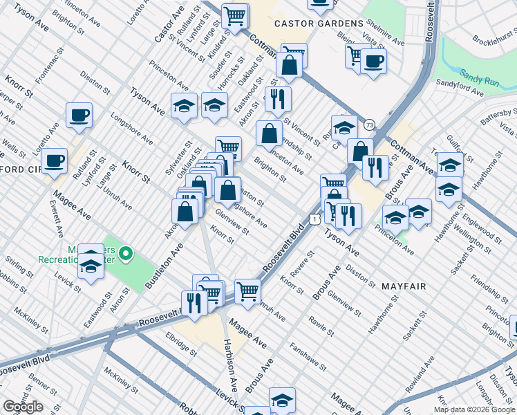 map of restaurants, bars, coffee shops, grocery stores, and more near 2200 Disston Street in Philadelphia