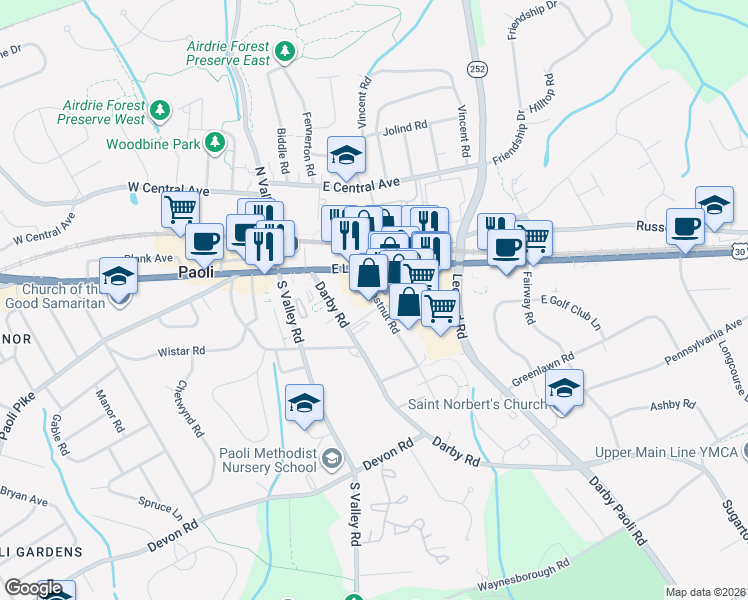 map of restaurants, bars, coffee shops, grocery stores, and more near 32 Chestnut Rd in Paoli