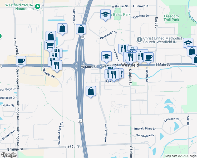 map of restaurants, bars, coffee shops, grocery stores, and more near 221 Westfield Boulevard in Westfield