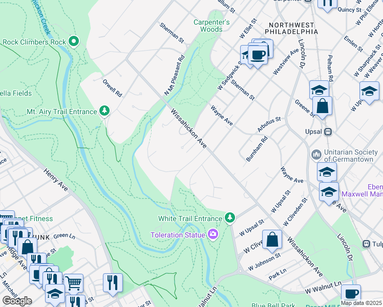 map of restaurants, bars, coffee shops, grocery stores, and more near 1007 Kitchens Lane in Philadelphia