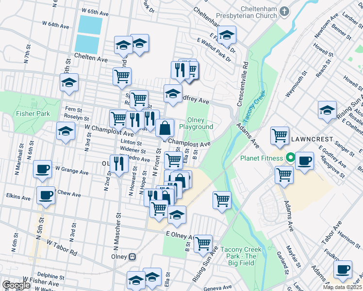 map of restaurants, bars, coffee shops, grocery stores, and more near 5953 A Street in Philadelphia