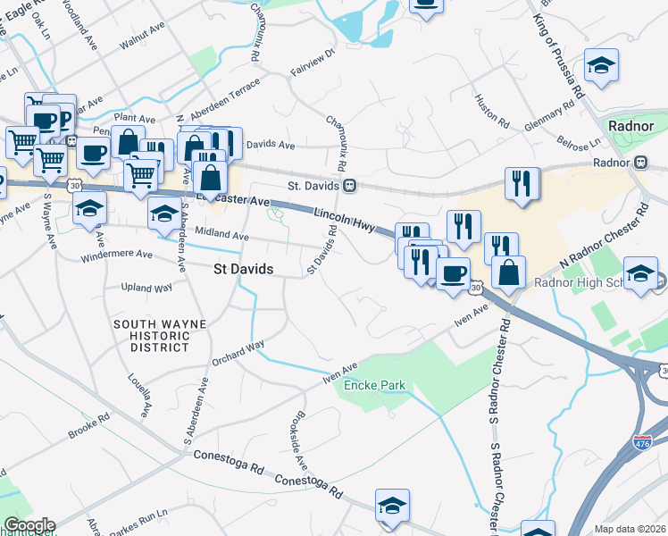 map of restaurants, bars, coffee shops, grocery stores, and more near 206 Saint Davids Court in Saint Davids