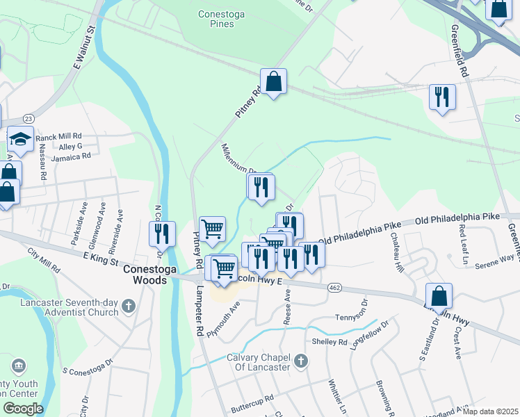 map of restaurants, bars, coffee shops, grocery stores, and more near 1641 Old Philadelphia Pike in Lancaster