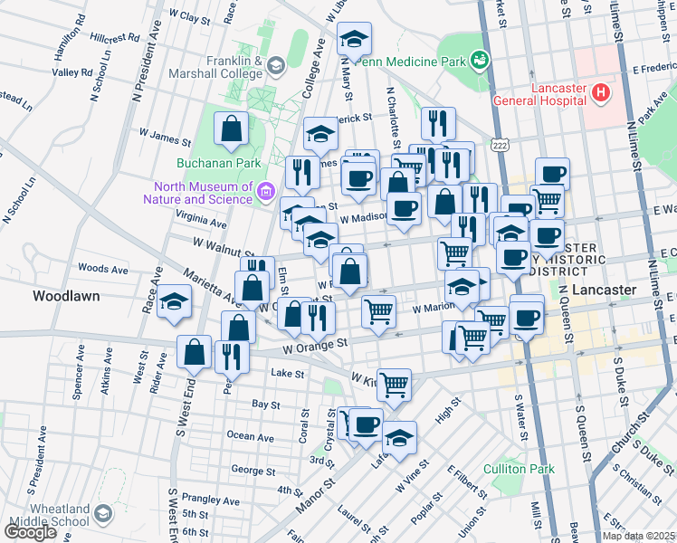 map of restaurants, bars, coffee shops, grocery stores, and more near 234 North Pine Street in Lancaster