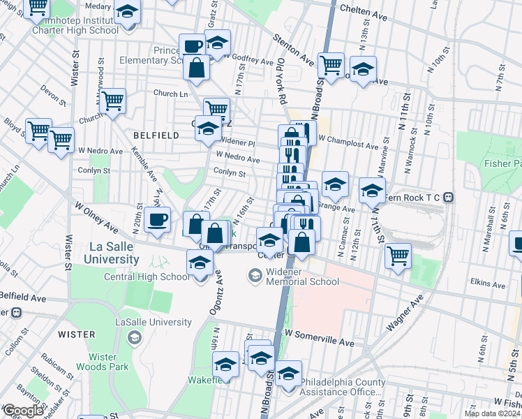 map of restaurants, bars, coffee shops, grocery stores, and more near 1507 Clearview Street in Philadelphia