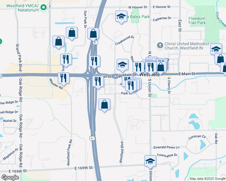 map of restaurants, bars, coffee shops, grocery stores, and more near 221 Westfield Boulevard in Westfield