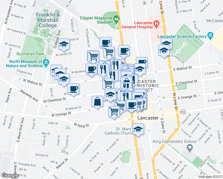 map of restaurants, bars, coffee shops, grocery stores, and more near 209 North Mulberry Street in Lancaster
