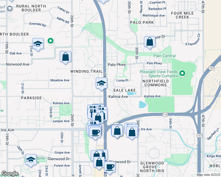 map of restaurants, bars, coffee shops, grocery stores, and more near 3657 Paseo del Prado in Boulder