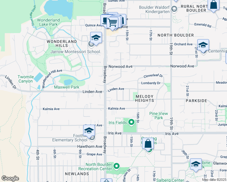map of restaurants, bars, coffee shops, grocery stores, and more near 1290 Linden Avenue in Boulder