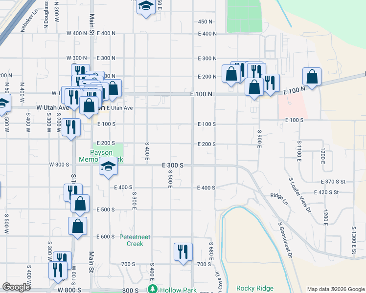 map of restaurants, bars, coffee shops, grocery stores, and more near 540 East 200 South in Payson