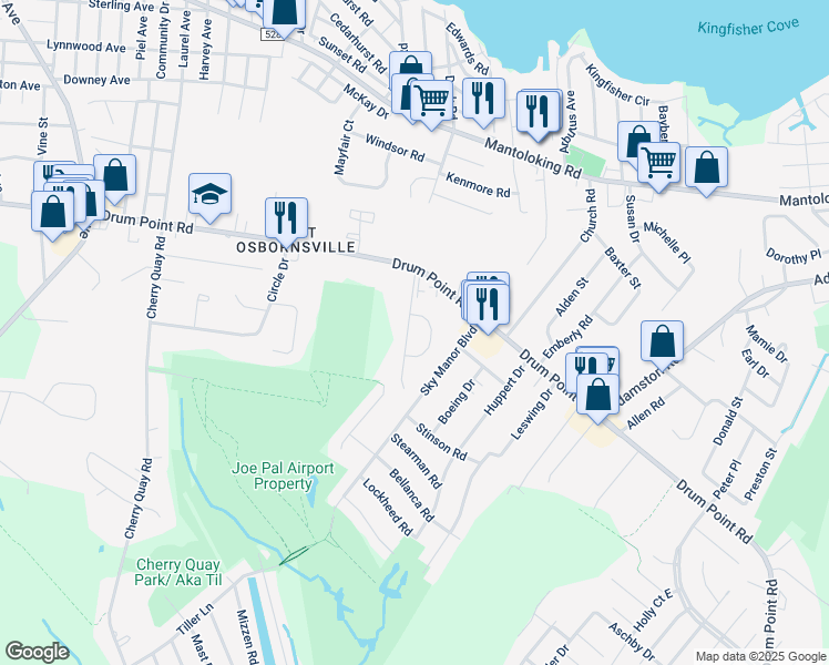 map of restaurants, bars, coffee shops, grocery stores, and more near 361 Elm Lane in Brick