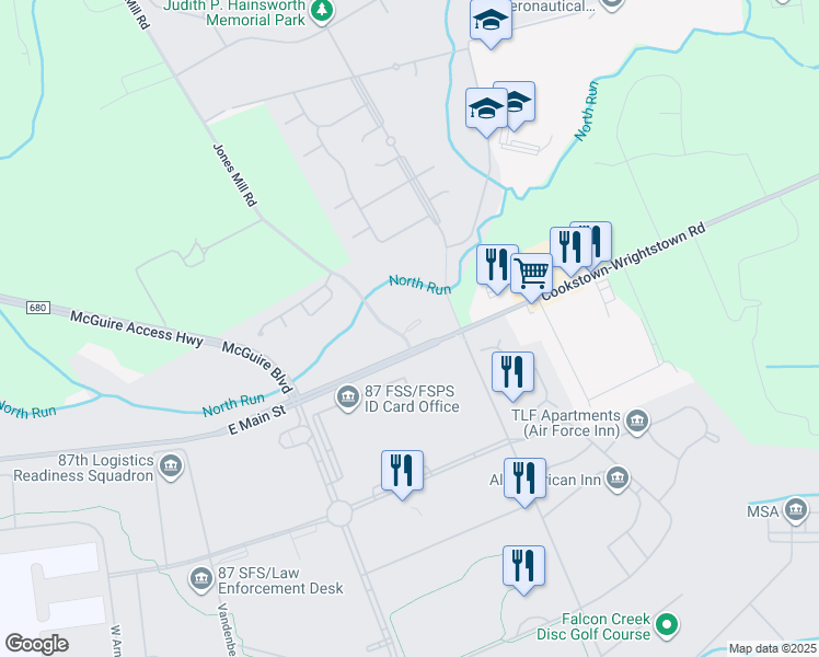 map of restaurants, bars, coffee shops, grocery stores, and more near 3700 Circle Drive in McGuire Air Force Base