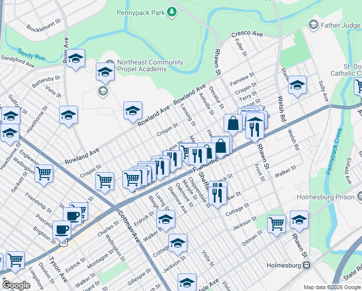 map of restaurants, bars, coffee shops, grocery stores, and more near 3507 Sheffield Avenue in Philadelphia