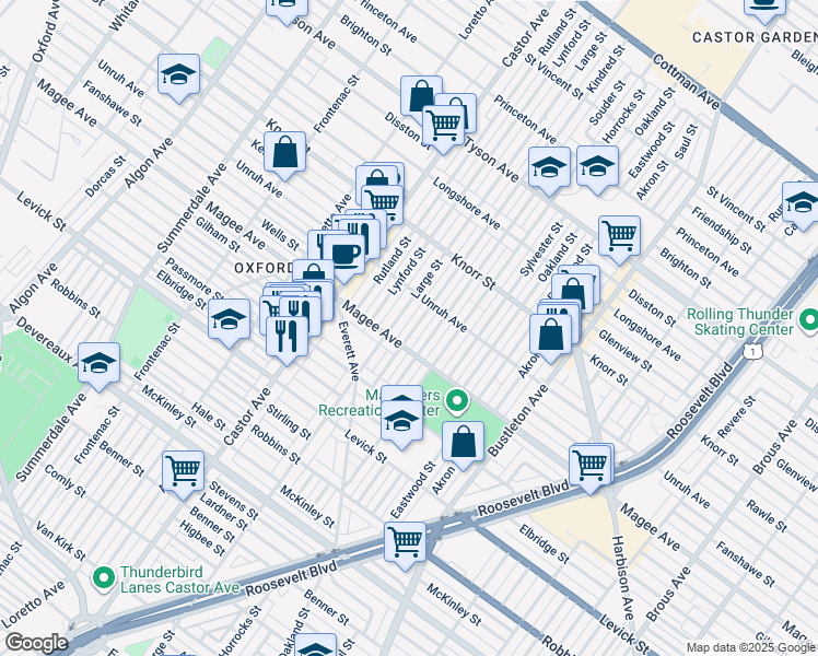 map of restaurants, bars, coffee shops, grocery stores, and more near 6618 Kindred Street in Philadelphia